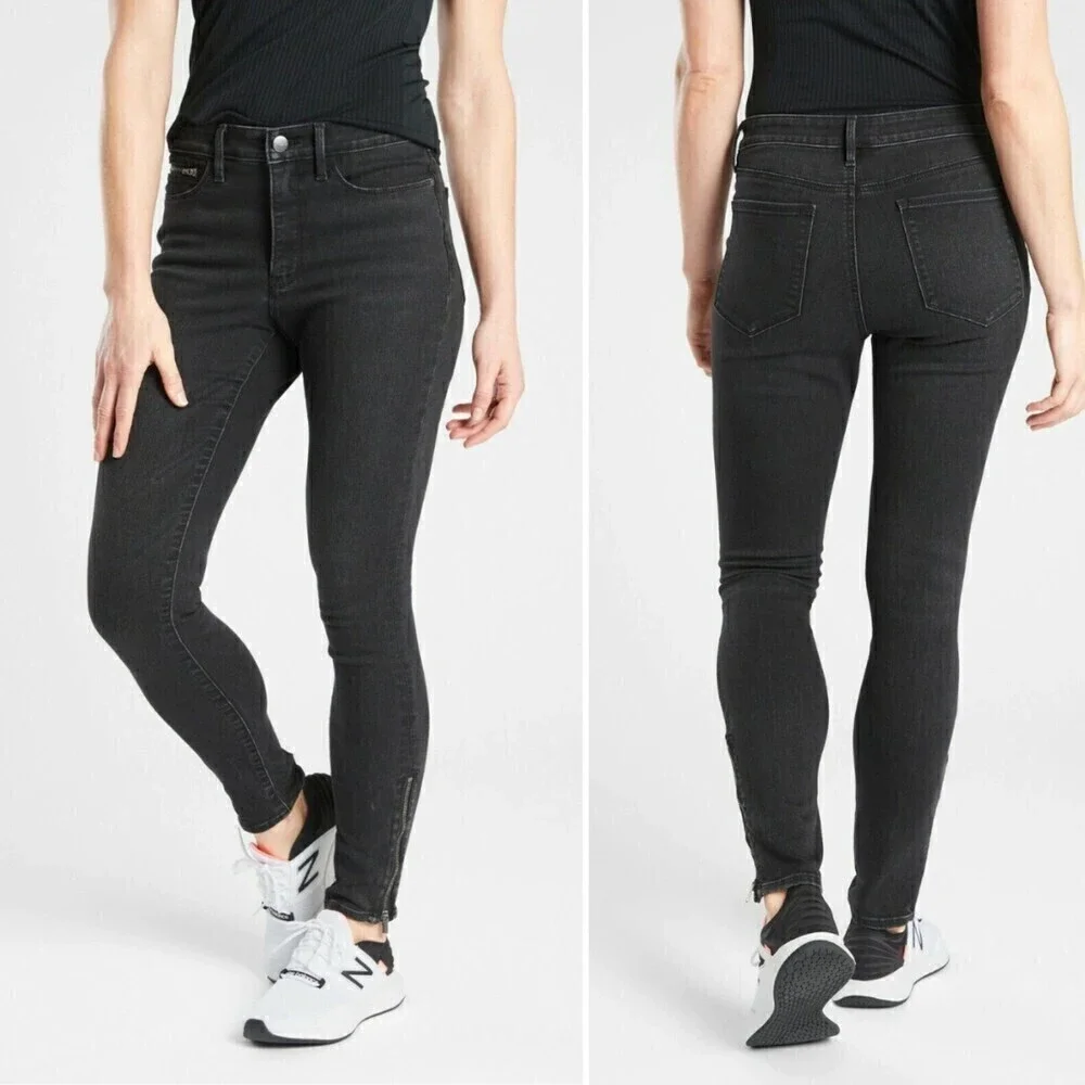 Athleta Sculptek Women Size 0 Black Ultra Skinny Zip Cotton Denim Ankle Jeans